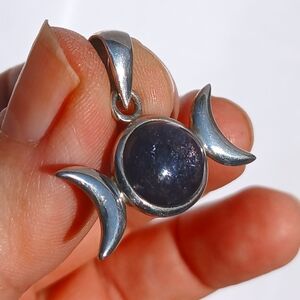 🌙 Shimmery Polished Sapphire Triple Moon Sterling Pendant – Handcrafted Goddess